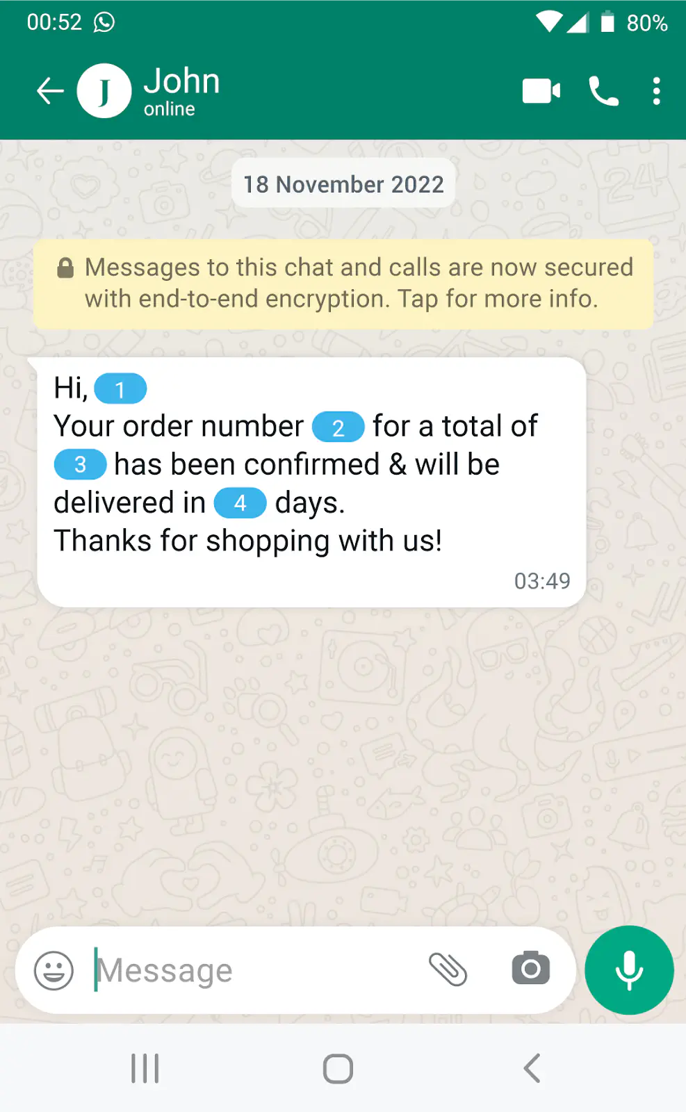 WhatsApp message template with placeholders.