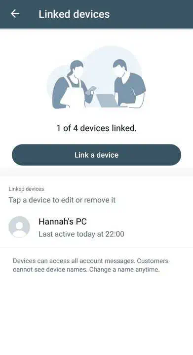 List of linked devices on the WhatsApp Business app.