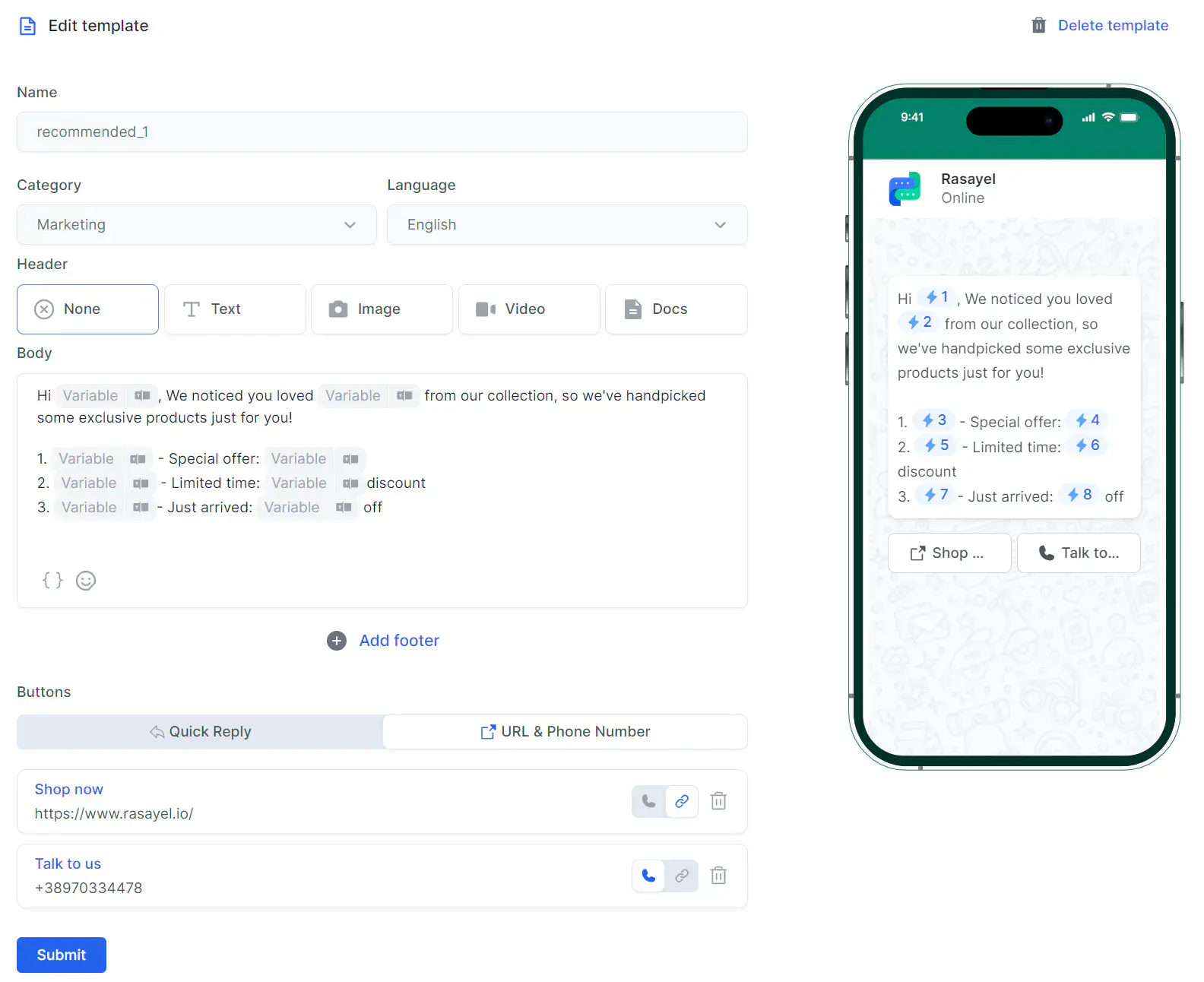 Creating a WhatsApp template in Rasayel.