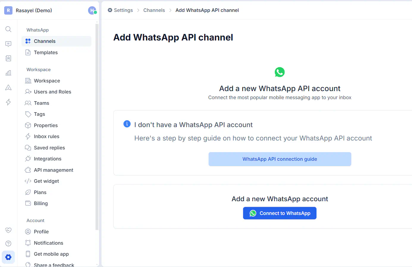 Add WhatsApp API channel page on Rasayel