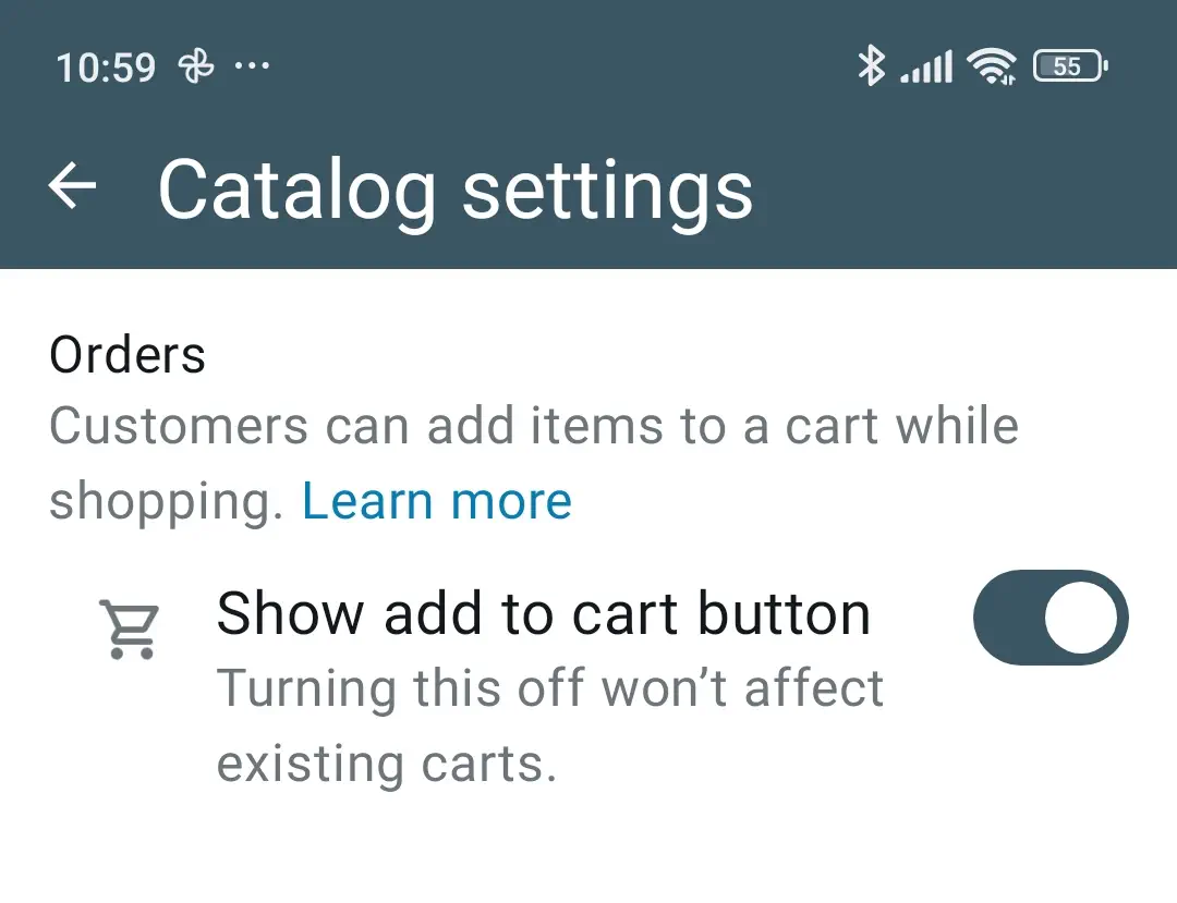 Show “add to cart” button in WhatsApp Business.