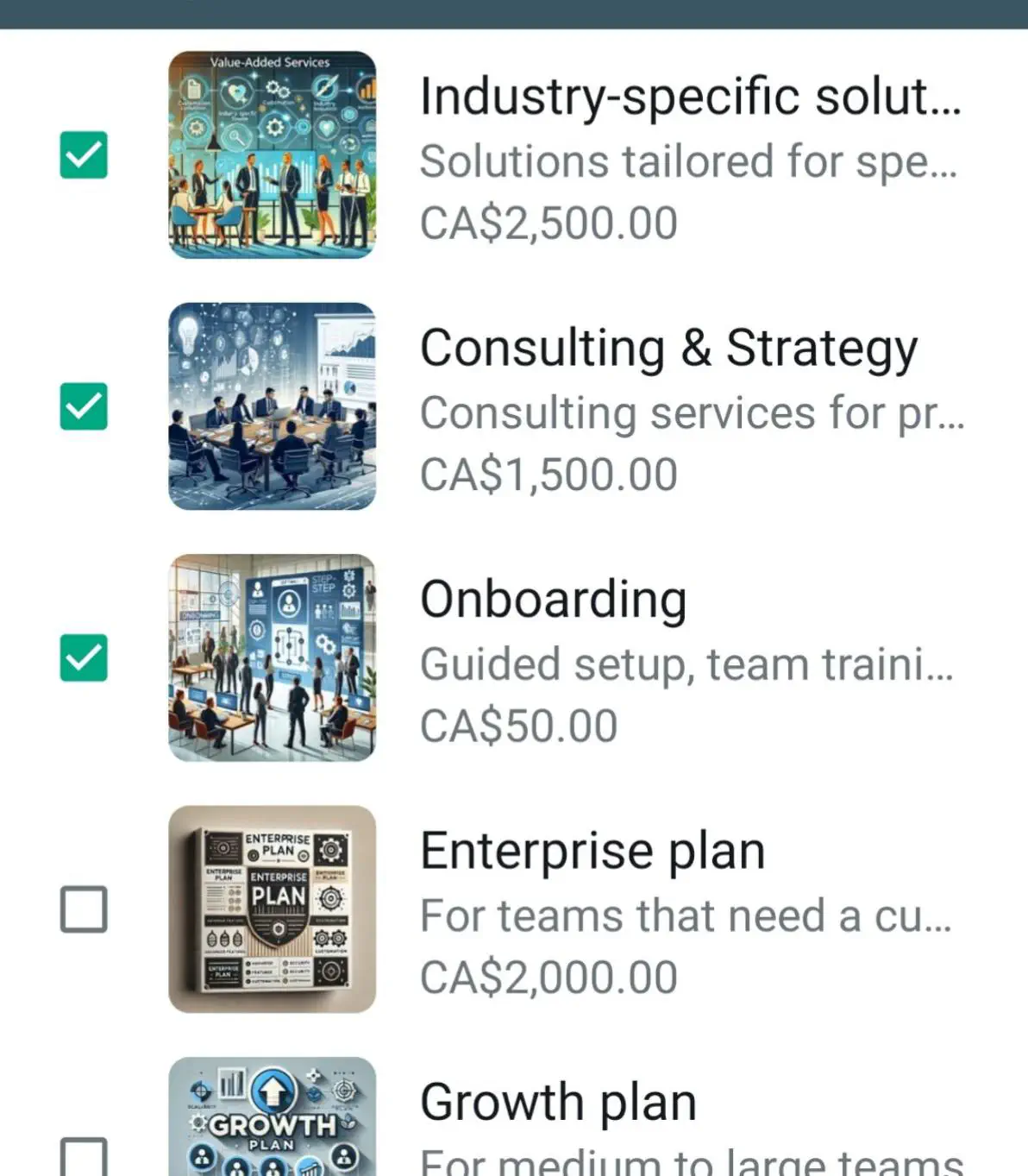 Selecting items to add to a WhatsApp product catalog.