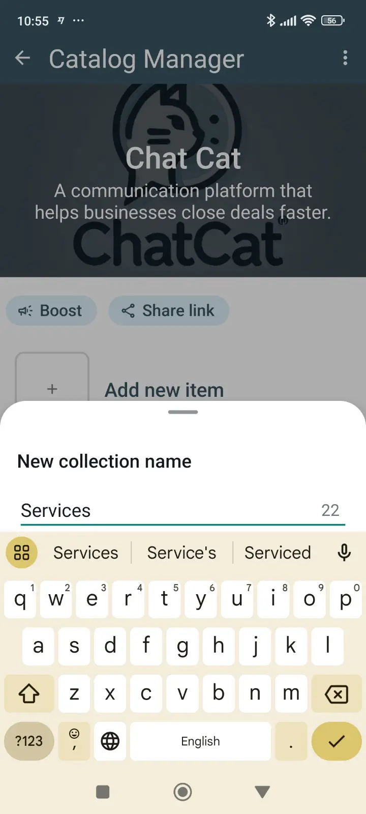 Naming a collection in the WhatsApp catalogue.