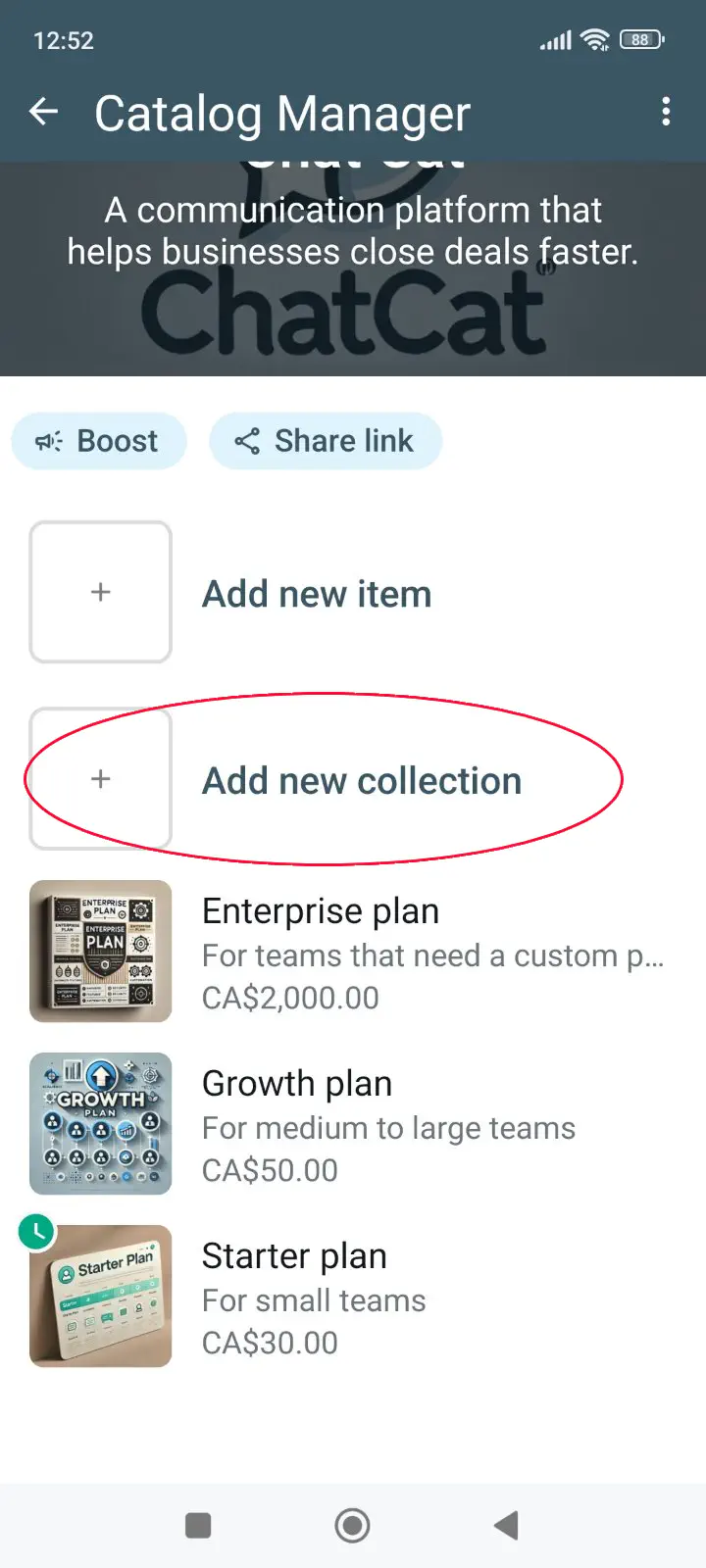 ‍Creating a collection in the WhatsApp product catalog.