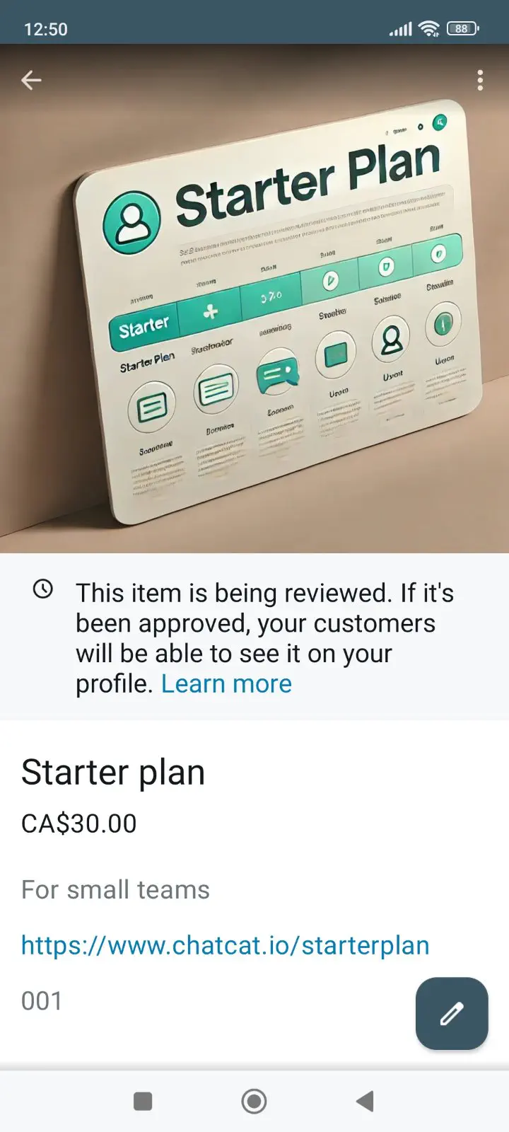 Showing a message that the item in the WhatsApp product catalog is being reviewed.