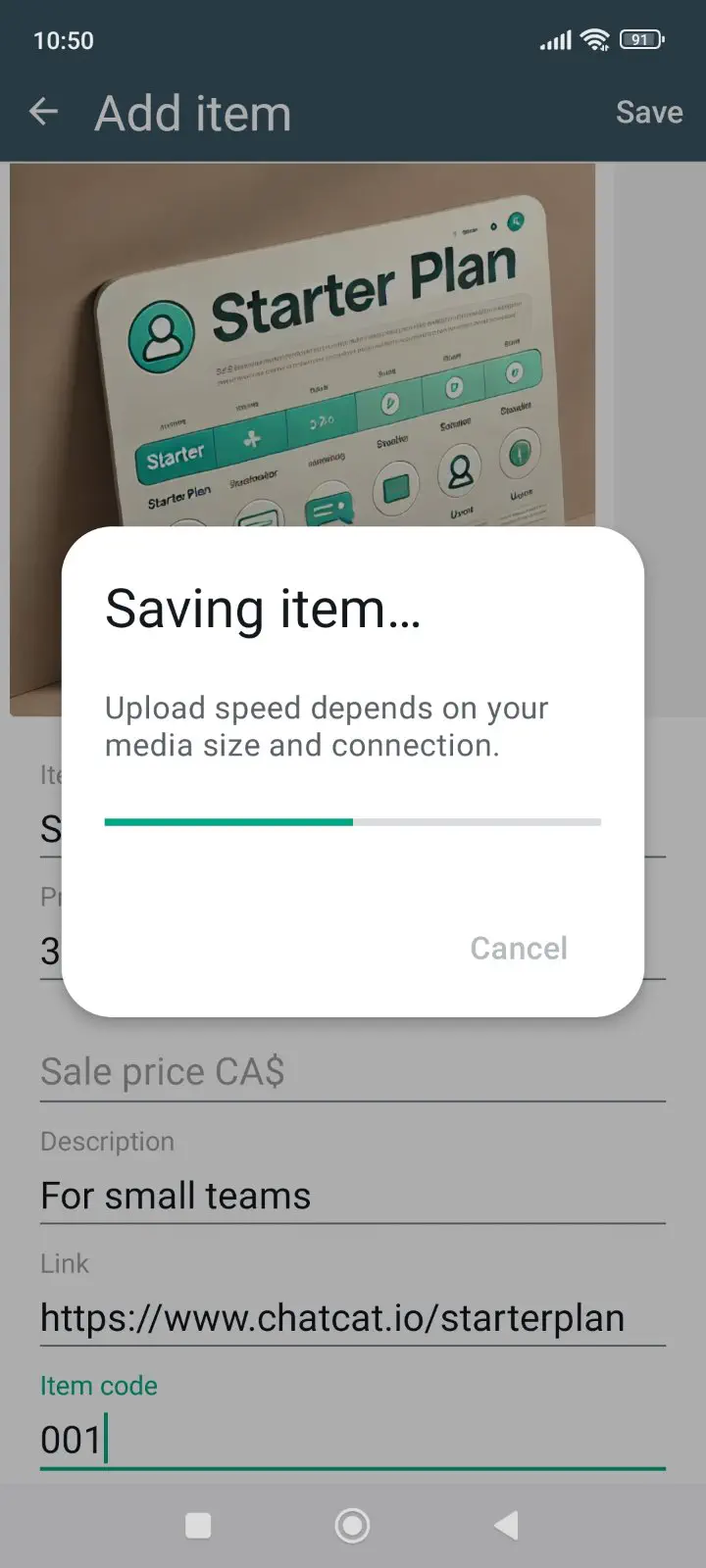 Saving an item in the WhatsApp product catalog