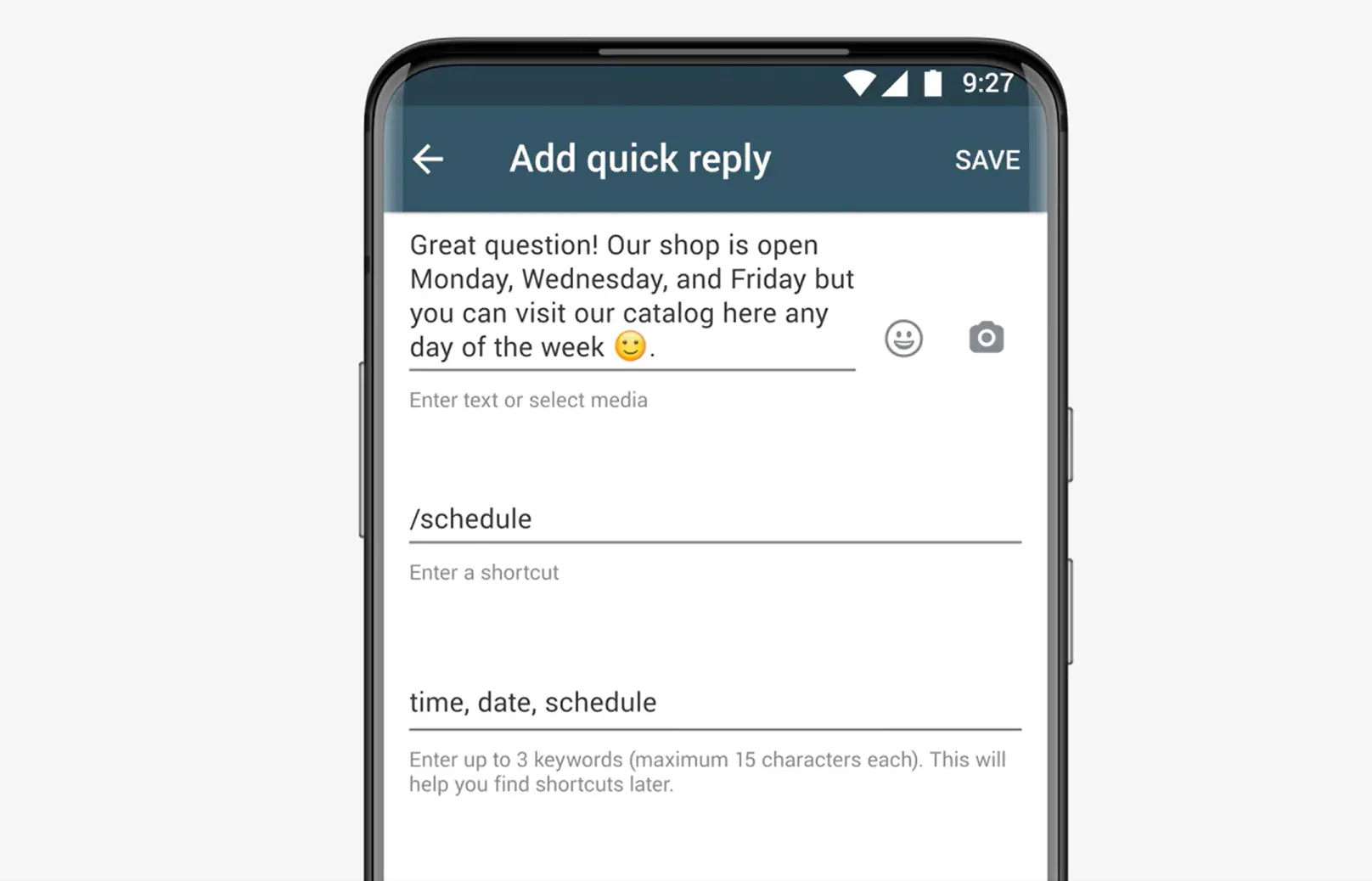 Setting up quick a reply message on the WhatsApp Business app.