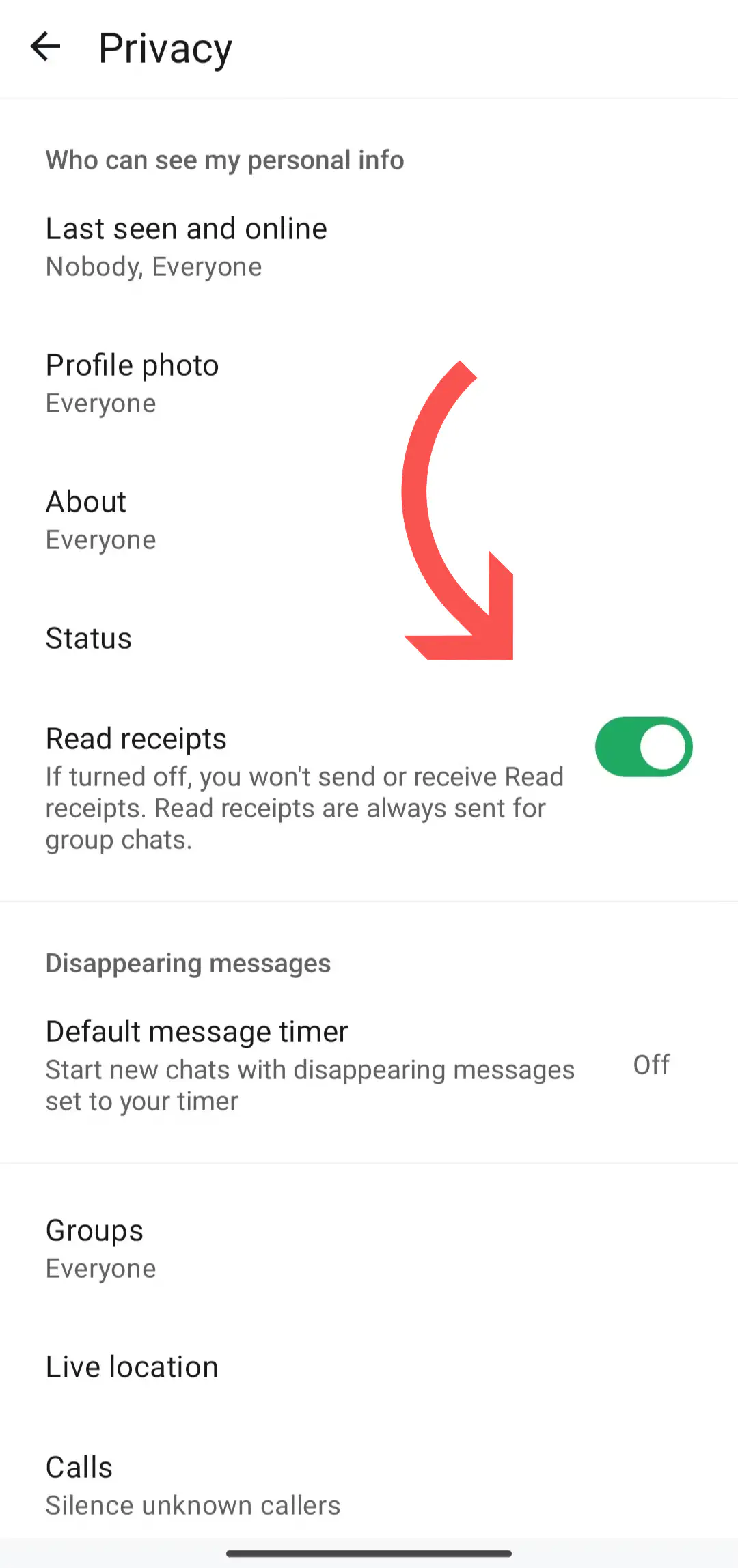 Read receipts toggle on Android.