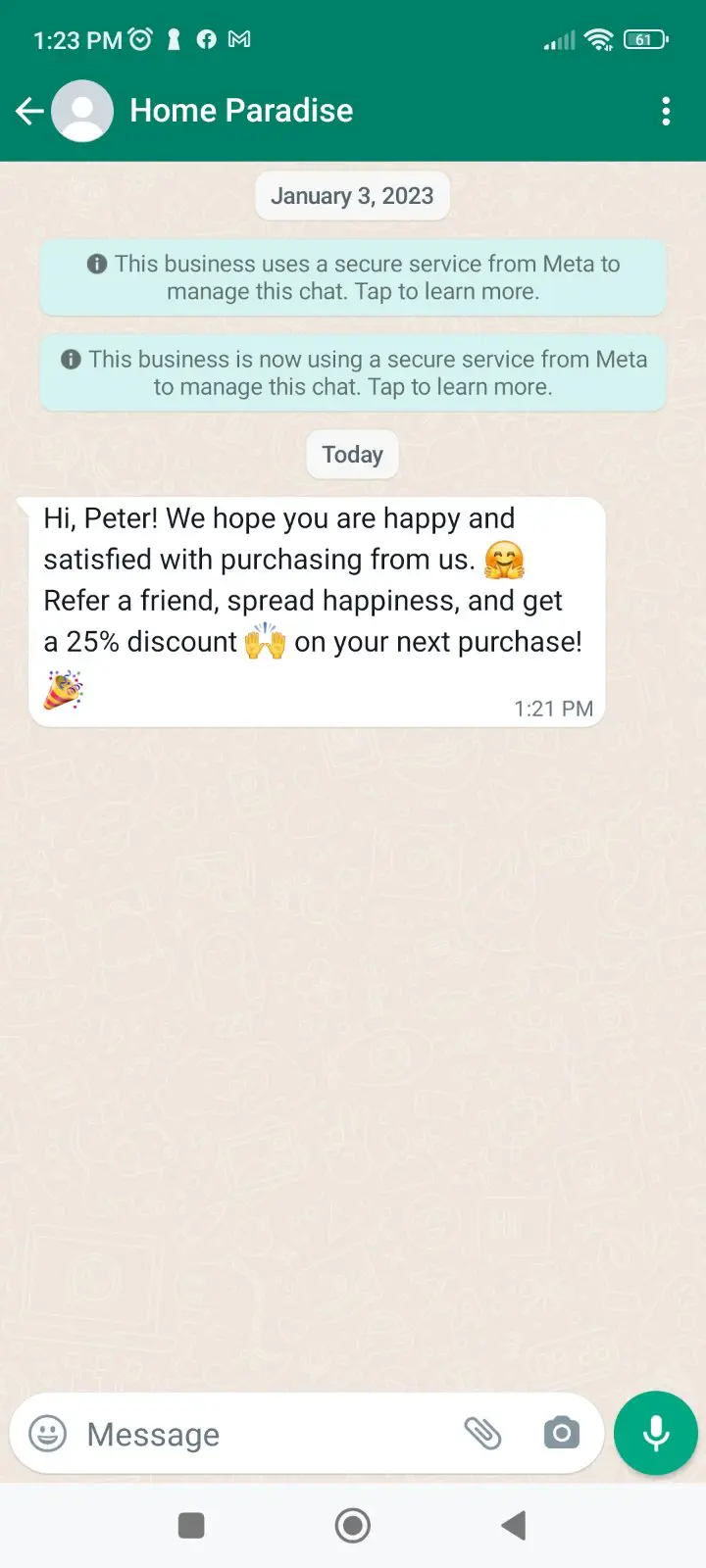WhatsApp message sent for promotion of a referral program.