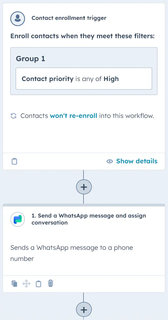 HubSpot workflow for sending a Whatsapp message with a contact enrollement trigger.