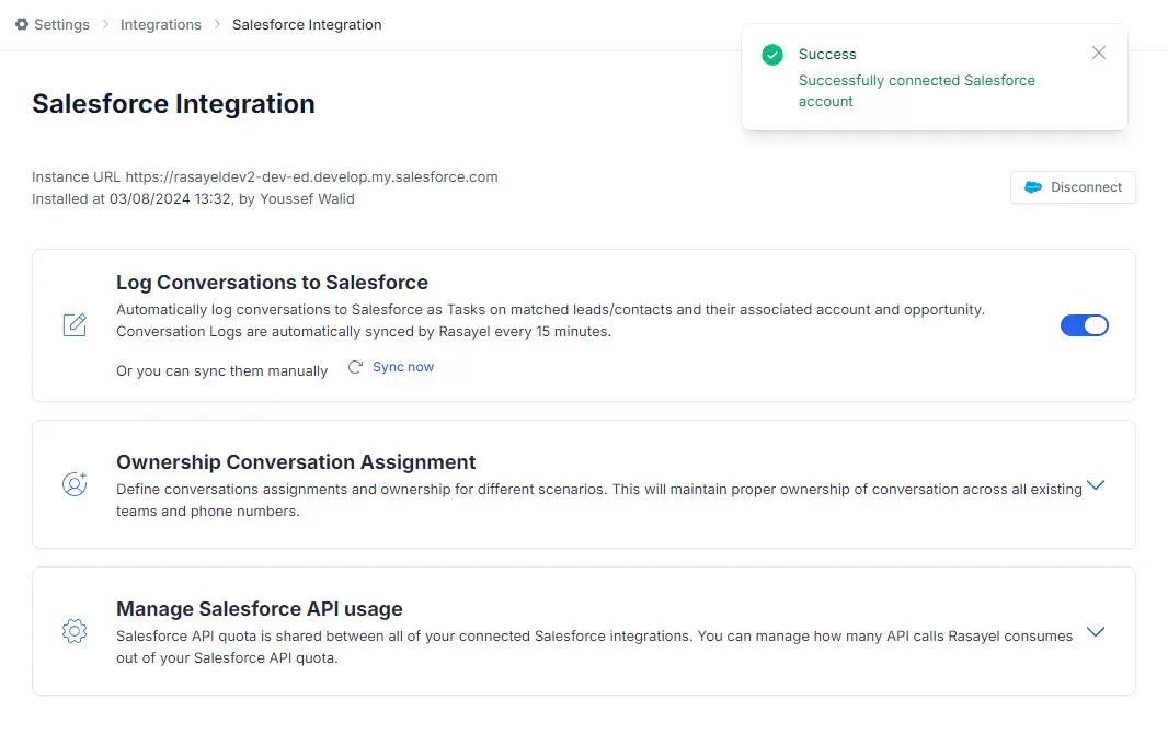 A confirmation that Salesforce workspace is connected to Rasayel.