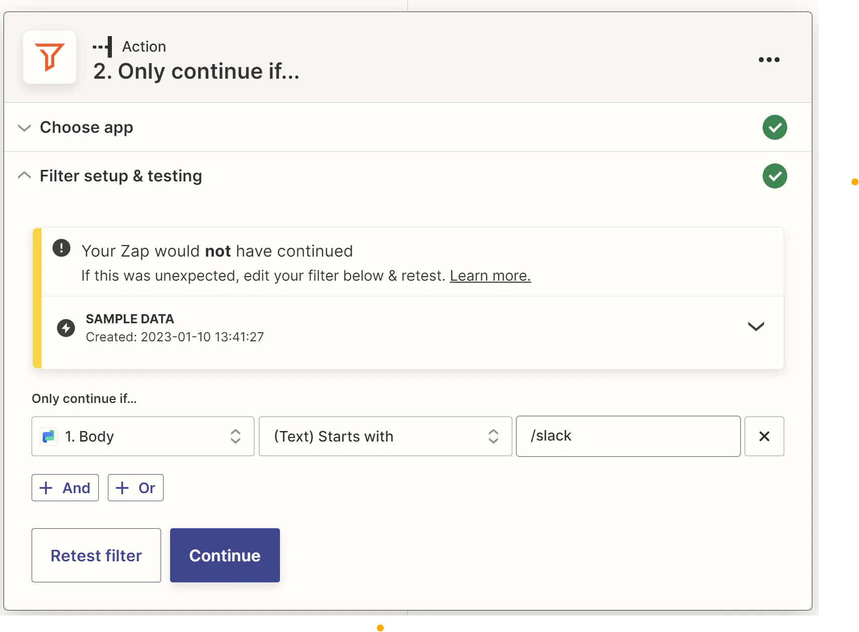 Configuring filters in Zapier.
