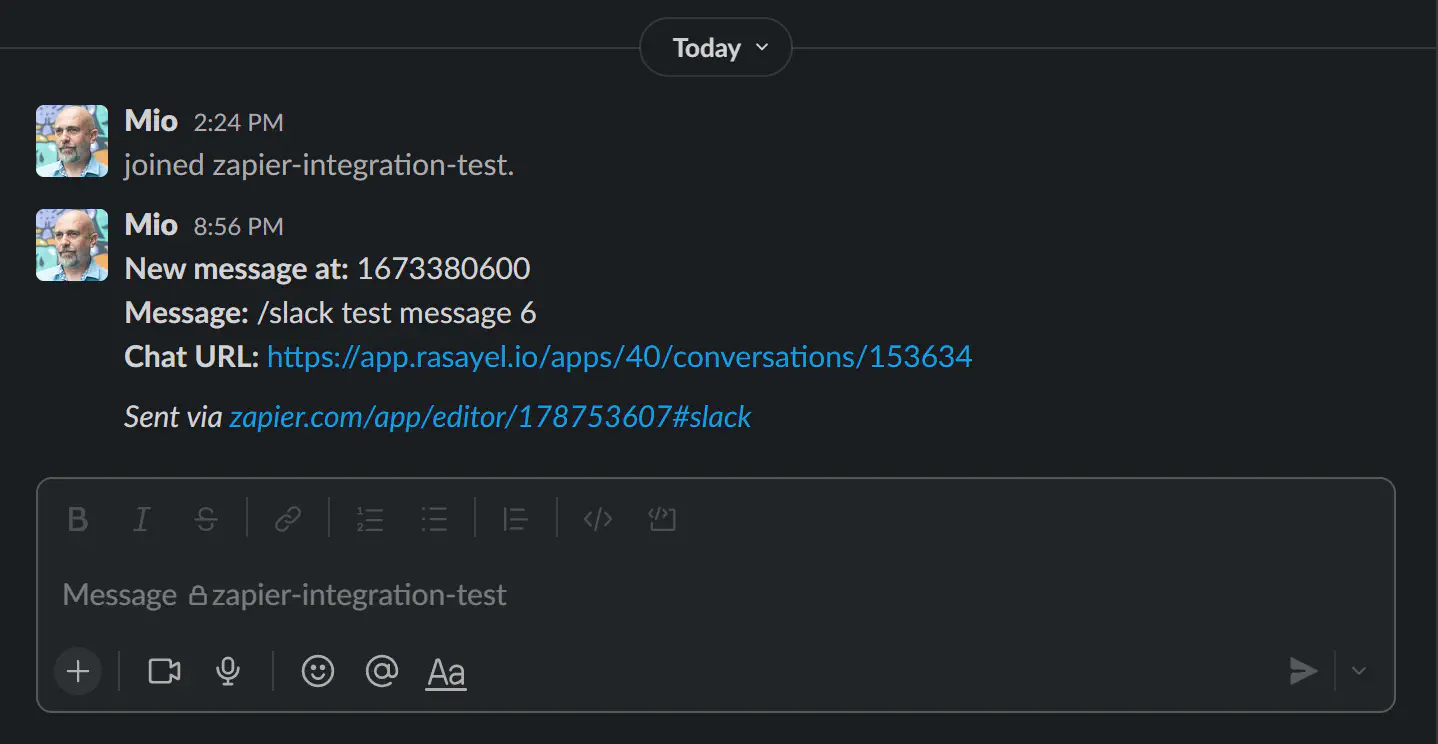 Slack nottification triggered by a private note sent in Rasayel.