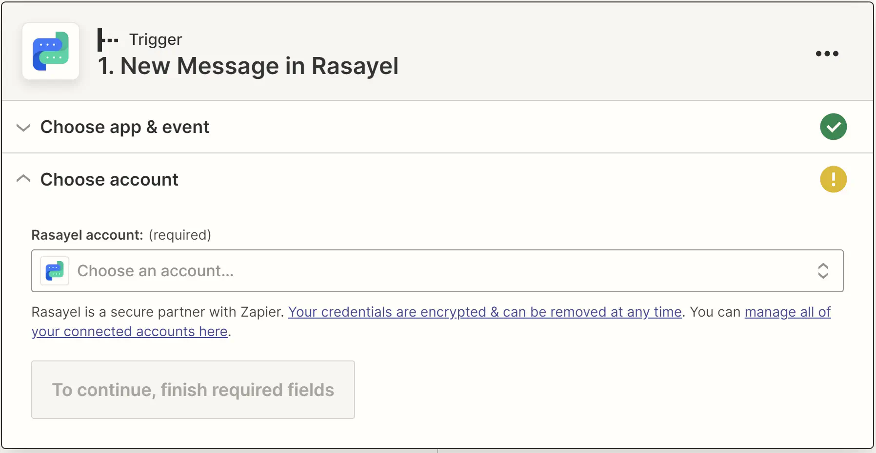 Choosing a Rasayel account in Zapier.