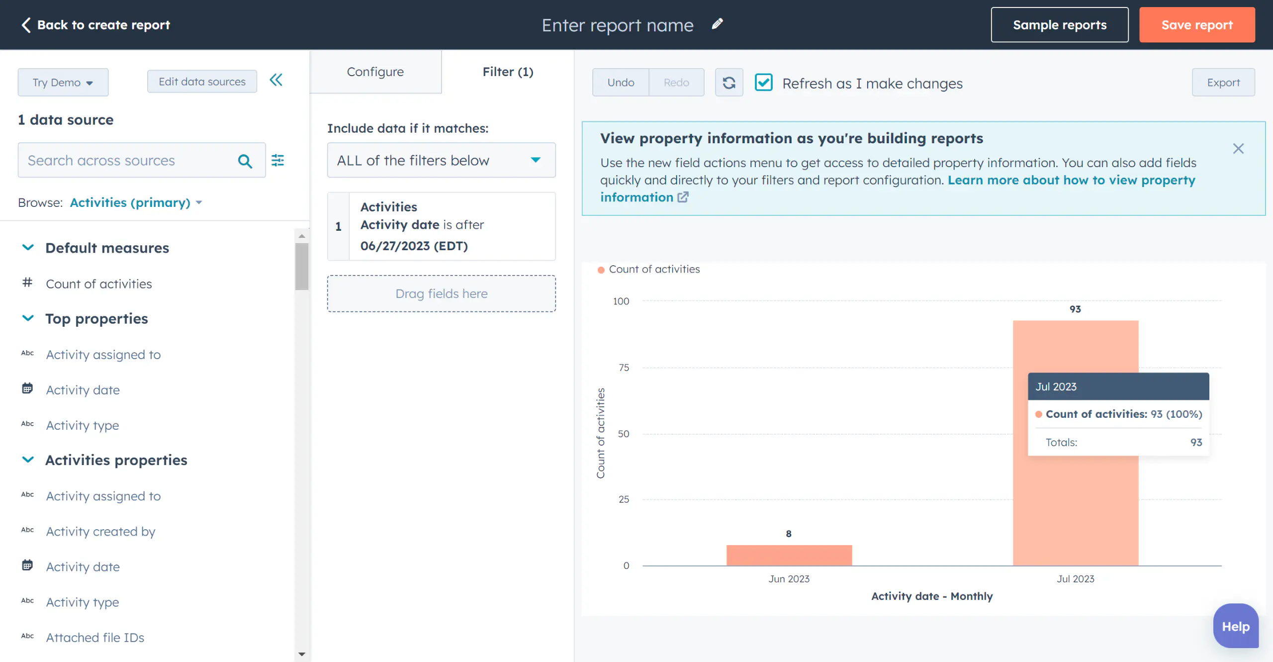 A report extracted in HubSpot