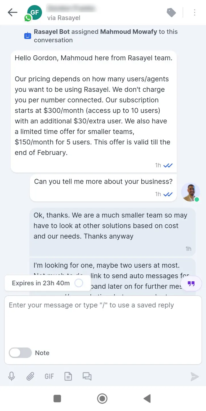Customer conversation in Rasayel mobile app.