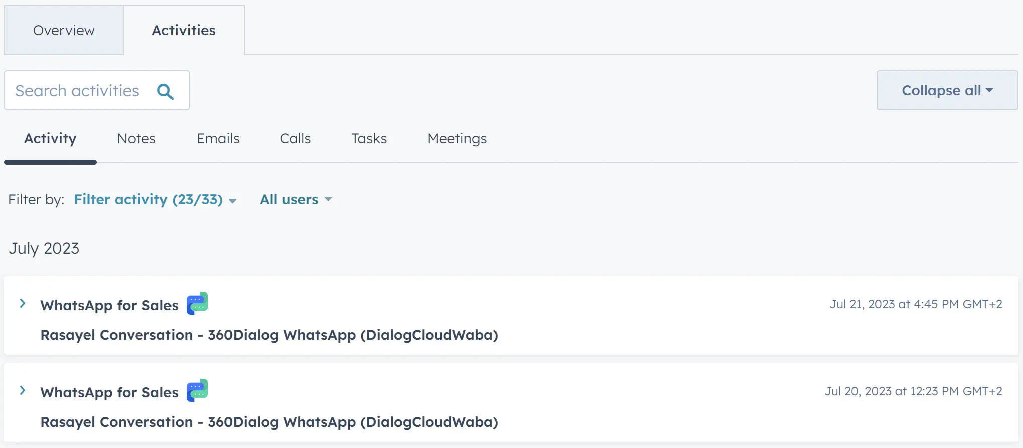 A view of logged WhatsApp activities in HubSpot. 