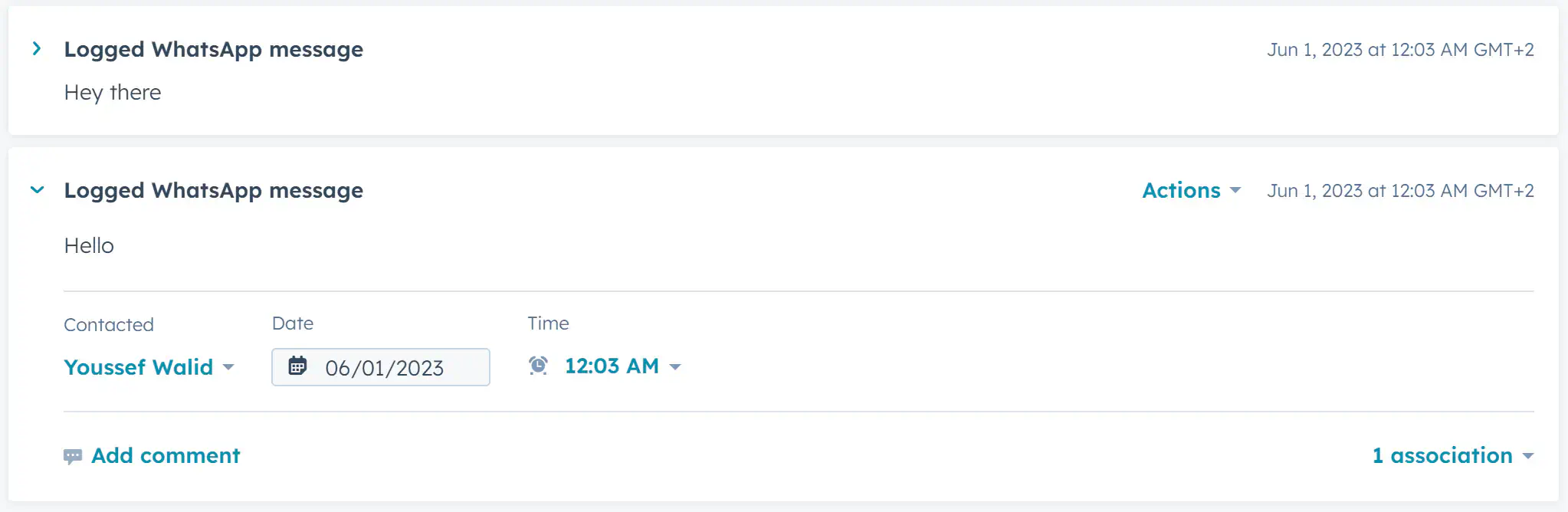 A view of a logged WhatsApp message in HubSpot. 