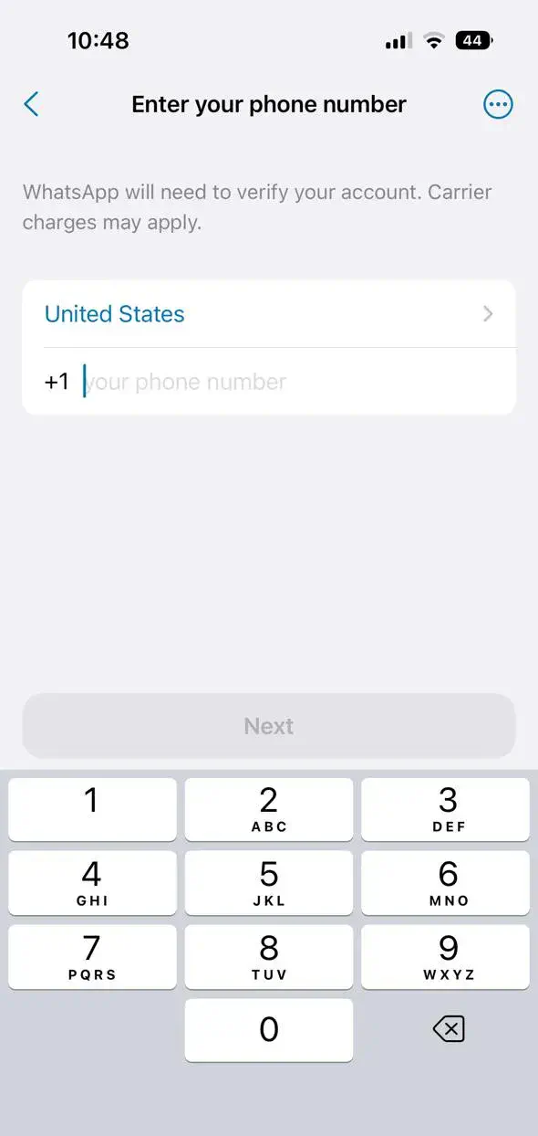 WhatsApp Business app number verification page