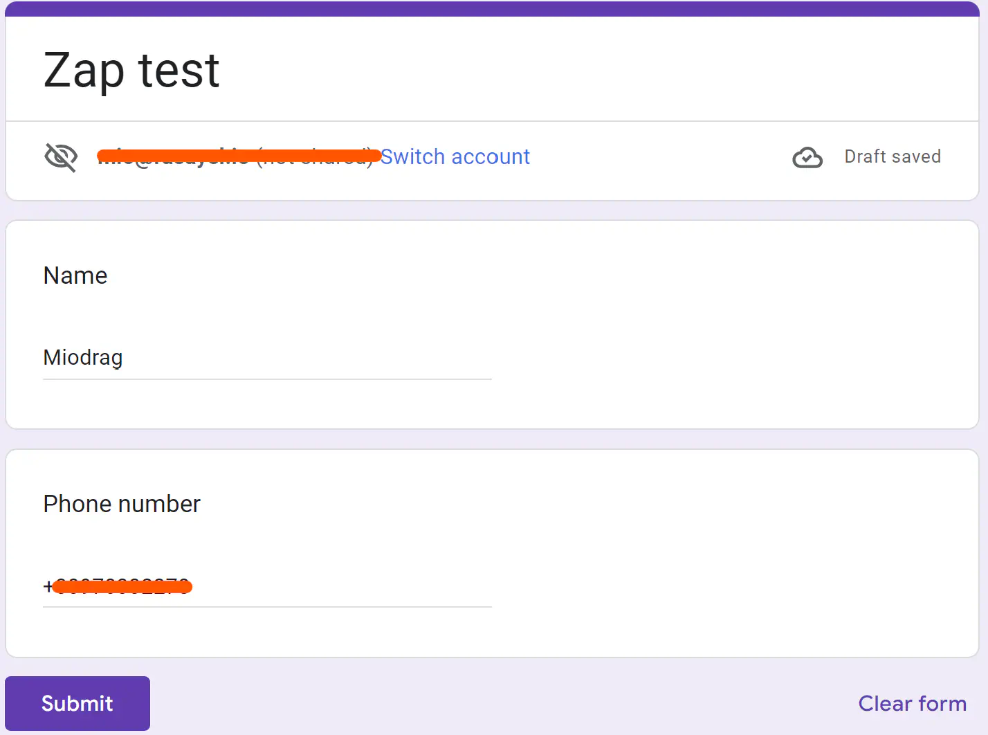 Zap test window in a Google Forms automation.