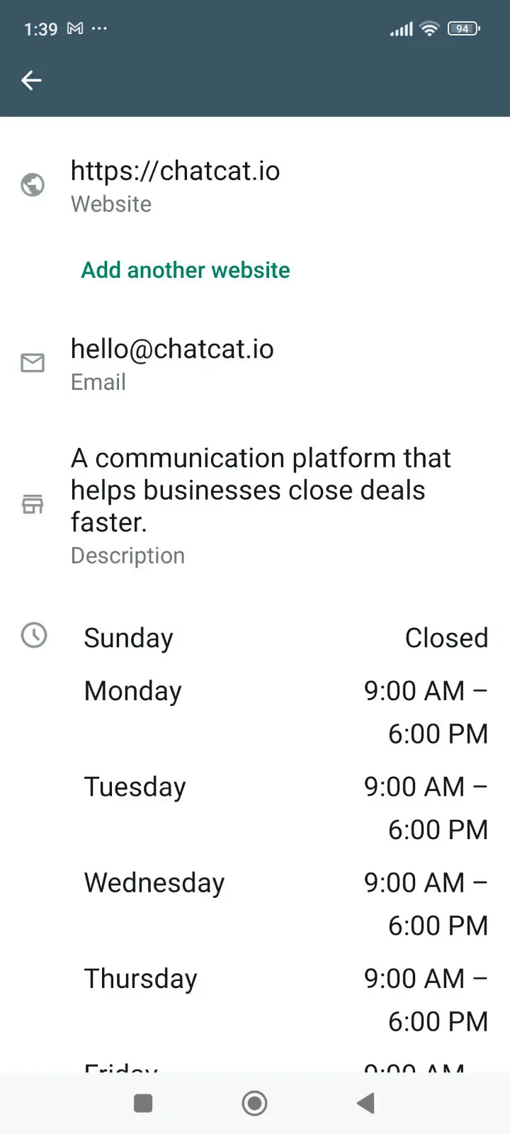 Información en el perfil de WhatsApp Business.