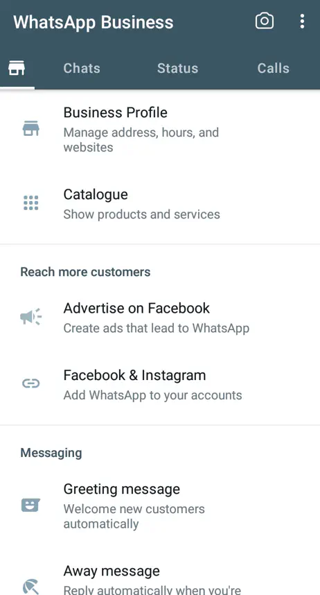 WhatsApp Business app menu