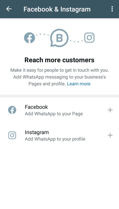 Facebook &amp; Instagram on WhatsApp Business app menu.