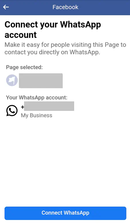 Selecting the Facebook page to create a WhatsApp button