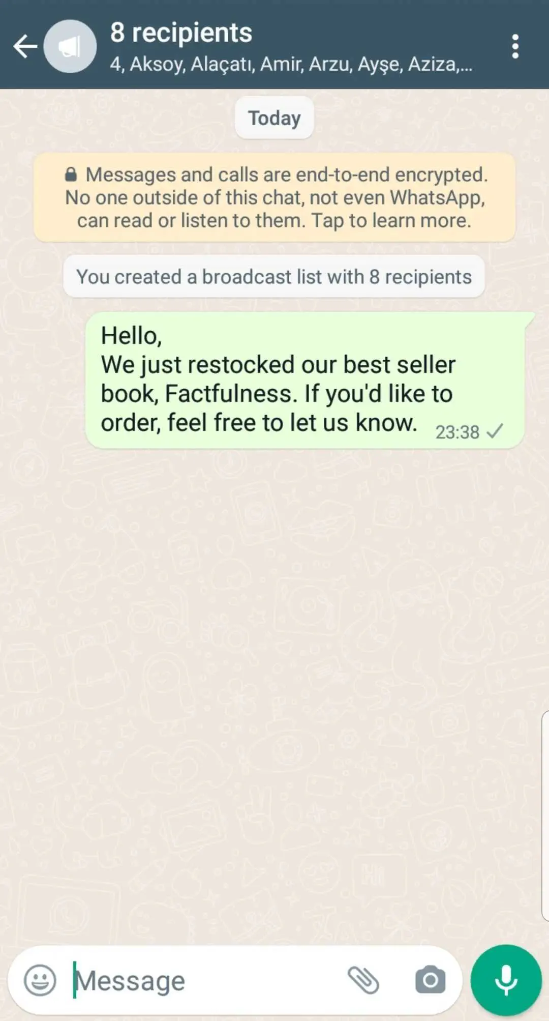 WhatsApp message sent in a broadcast.