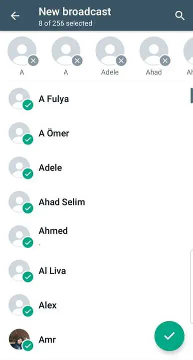 Selecting contacts for a WhatsApp Broadcast list.