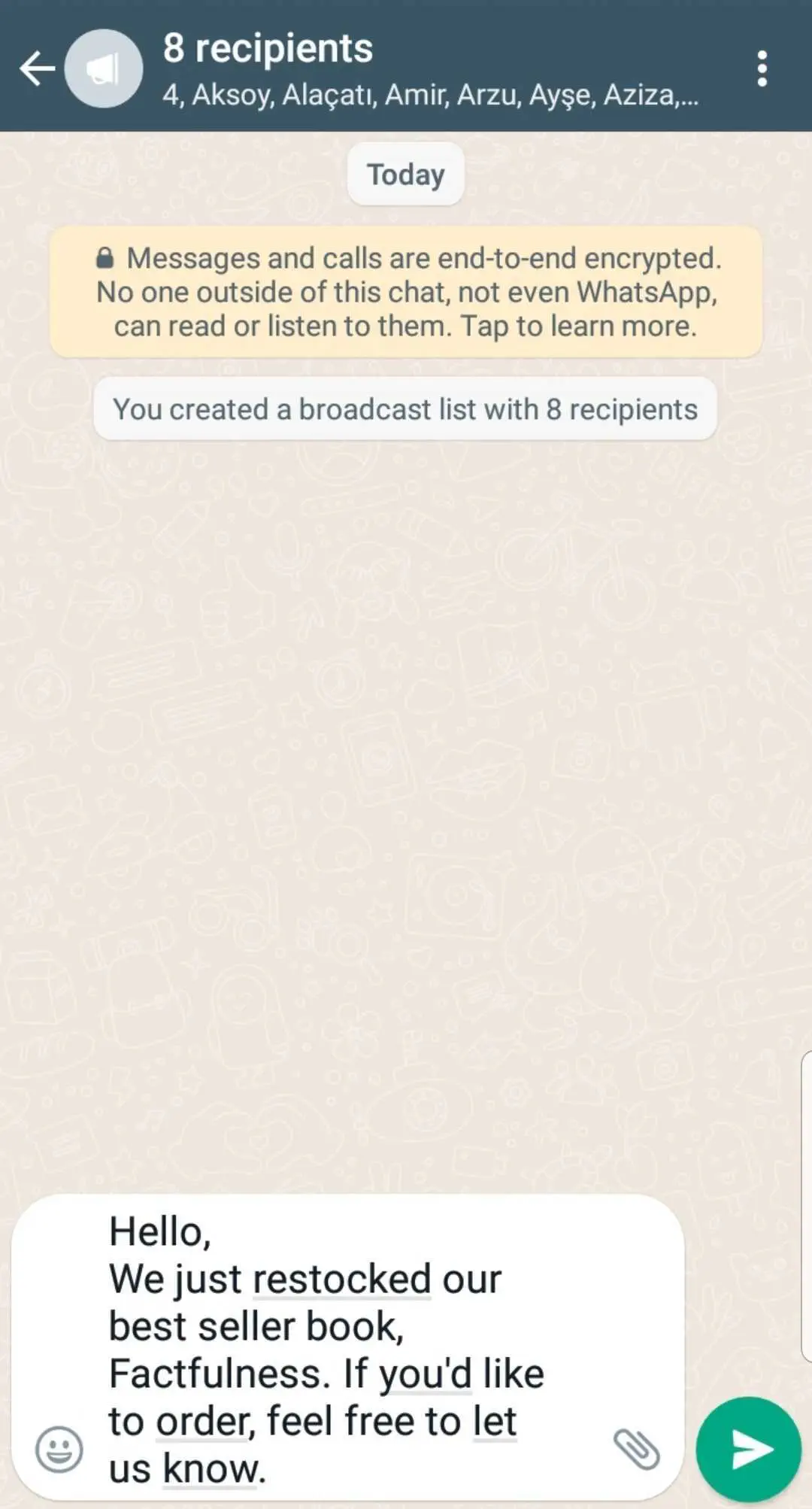 WhatsApp message created for a broadcast.