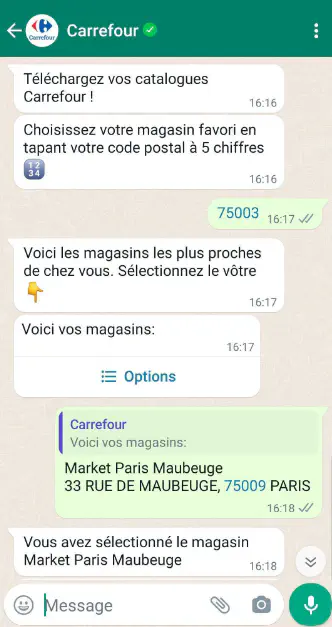 Example of a WhatsApp conversation after a user responded by clicking a button on an interactive message.