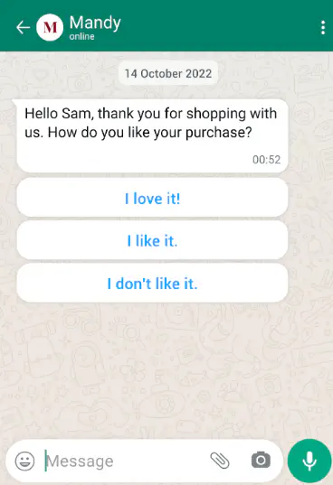 Example of a personalized interactive WhatsApp message with quick reply buttons.