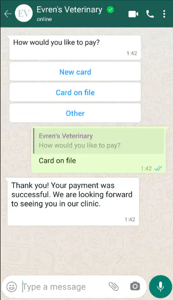 Interactive WhatsApp message for choosing a payment method.