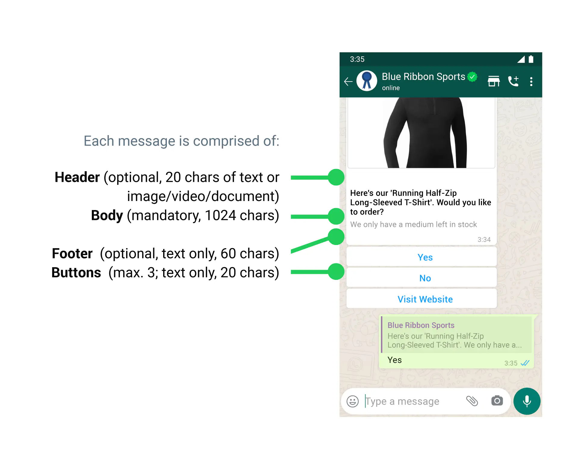 Reply button components in an interactive WhatsApp message.