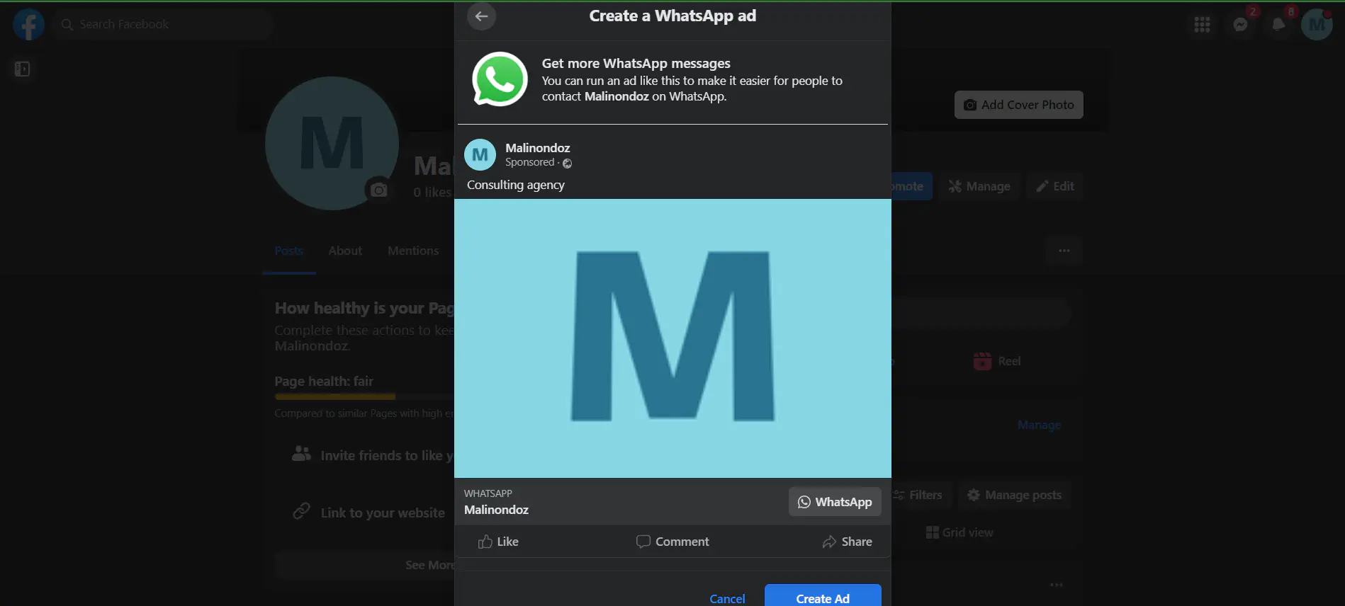 Window for choosing to create a post that click to WhatsApp with option to cick Cancel.