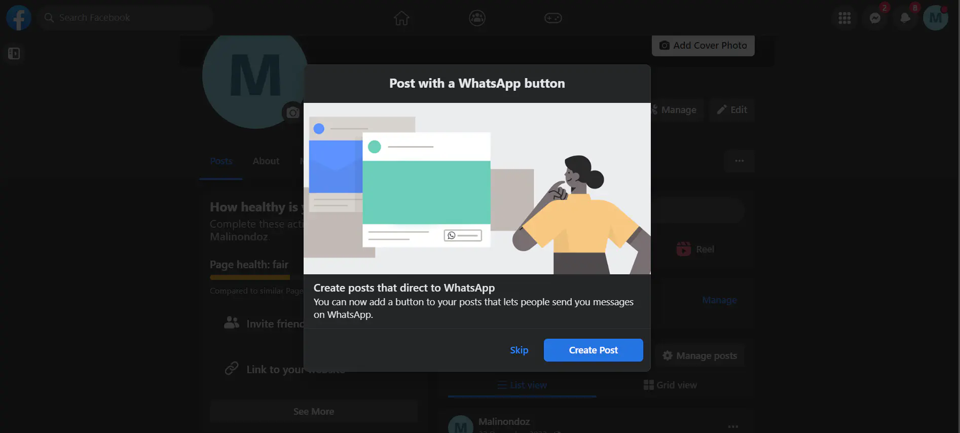 Window for choosing to create a post that click to WhatsApp.
