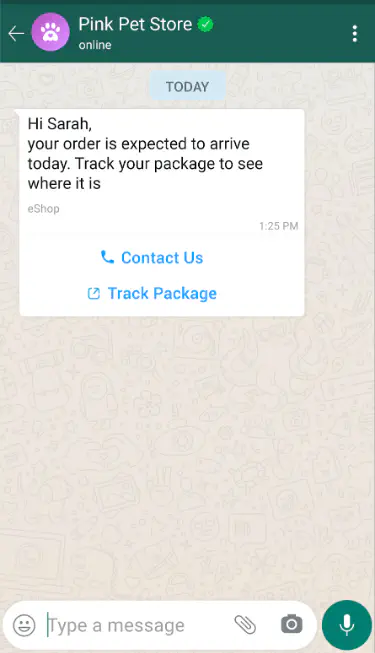 Example of a personalized interactive WhatsApp message with call-to-action buttons.