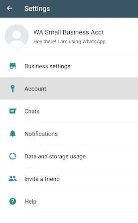 Account settings in the WhatsApp Business app.