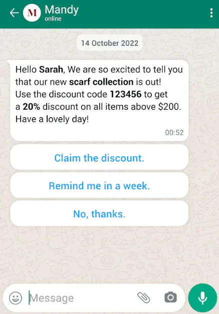 WhatsApp message used for announcing a new product launch.,