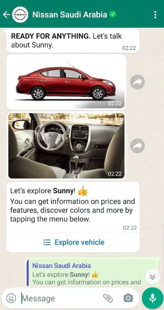 WhatsApp multi-media messages sent by Nissan&rsquo;s chatbot.