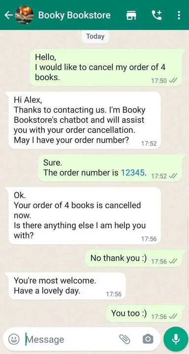 WhatsApp conversation for order cancellation.