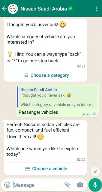 WhatsApp conversation with Nissan&rsquo;s chatbot.