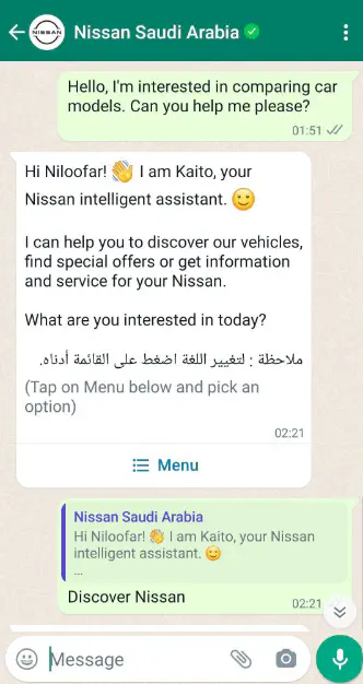 WhatsApp conversation with Nissan&rsquo;s chatbot.