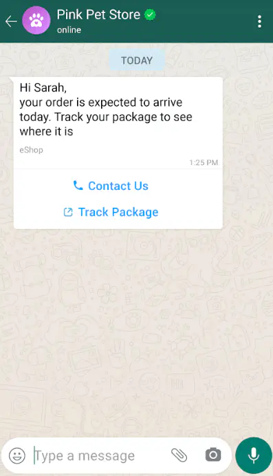Interactive WhatsApp message with Shipping update.