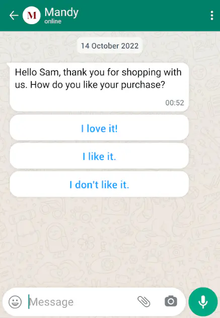 Interactive WhatsApp message used for collecting customer feedback.