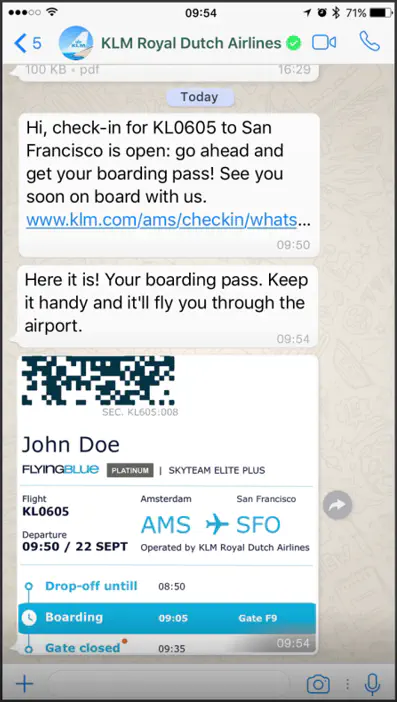 WhatsApp message with Check-in Information and Boarding Pass.