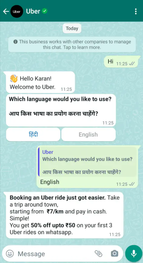 Uber India&rsquo;s WhatsApp bot sends a personalized reply and asks the customer to choose their language.