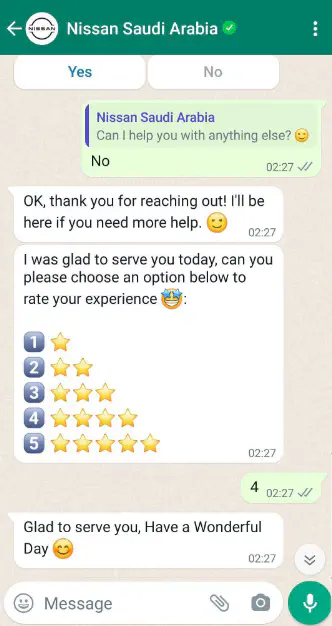 Nissan&rsquo;s chatbot asking a customer to rate it.