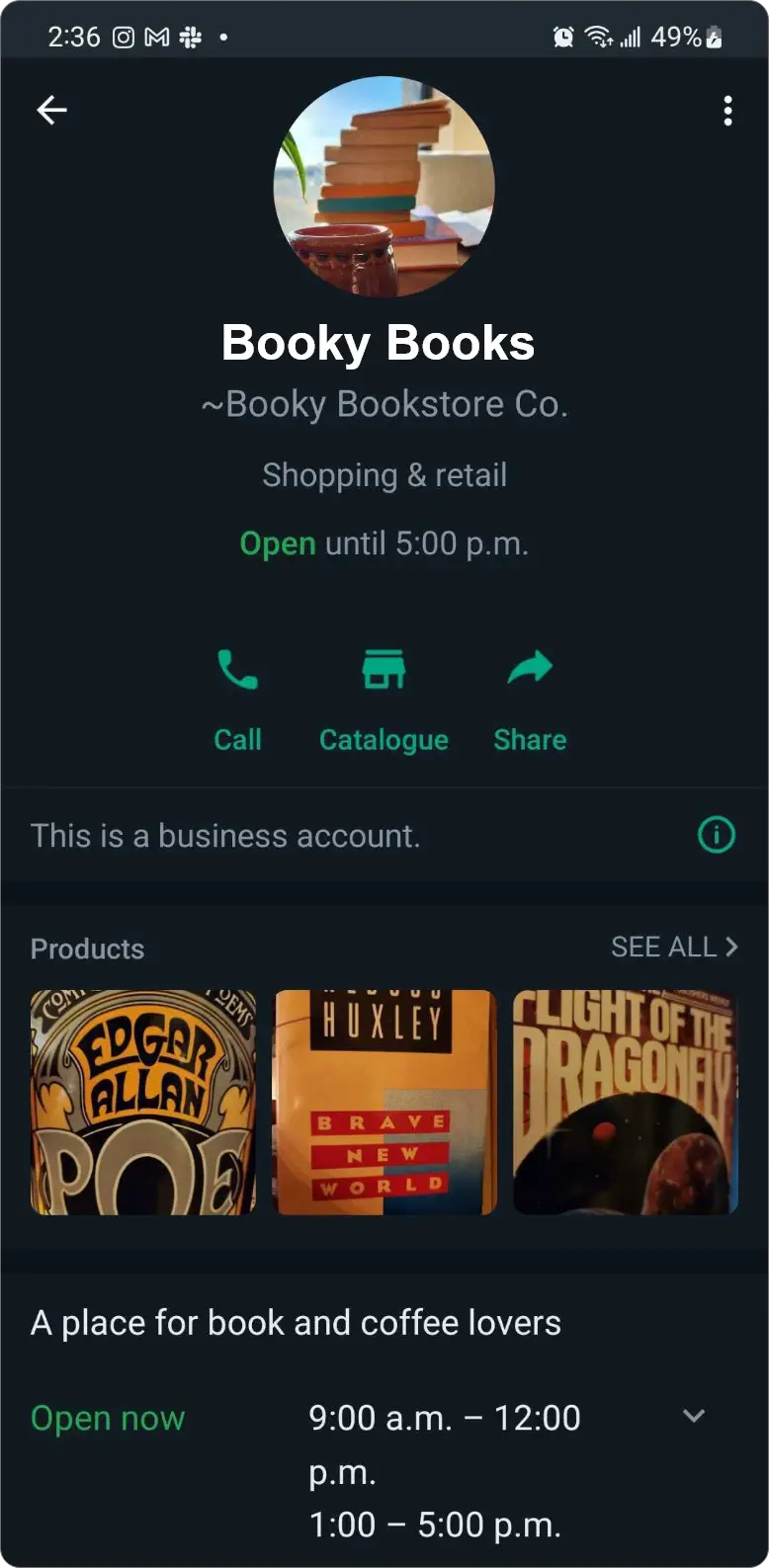 WhatsApp business profile with a catalog.